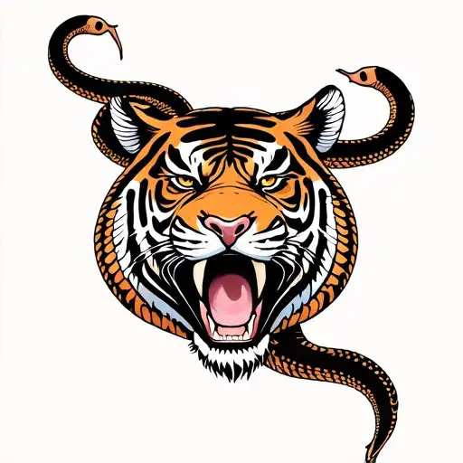 Symmetrical Cobras With A Tiger Head In The Middle