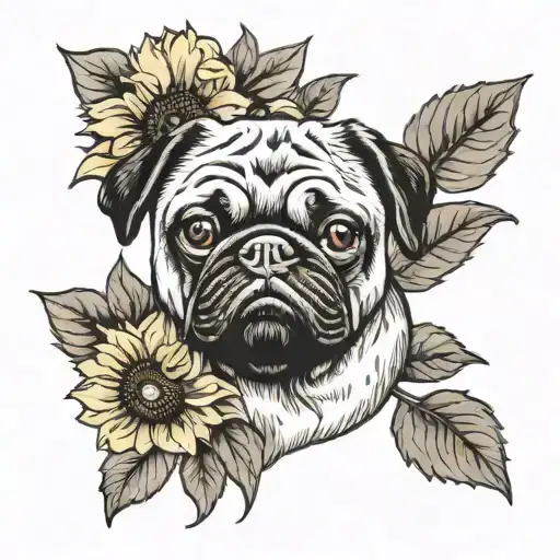 Black Pug Face With Sunflower Blooming