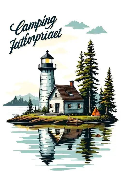 Camping Scene Light House Lake Surrounded