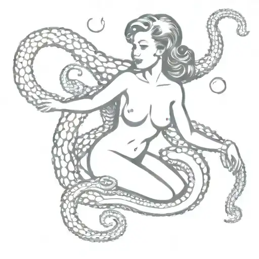 Octopus Attacking Pin-up Space Girl Sitting In Tentacles
