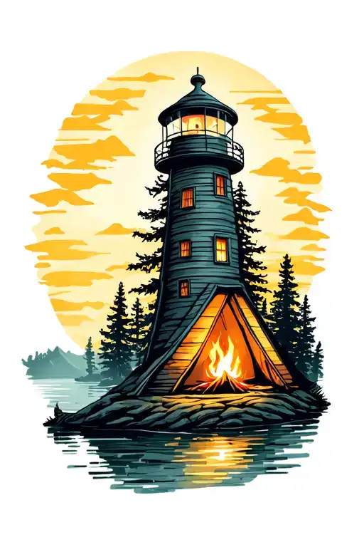 Camping Fire Light House Lake Surrounded