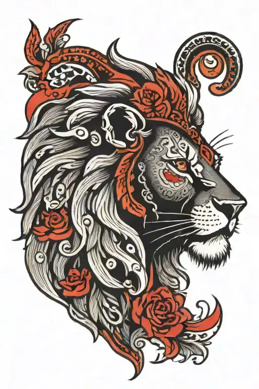 Lion In Black With White And Red Details In Its Eyes And Surroundings