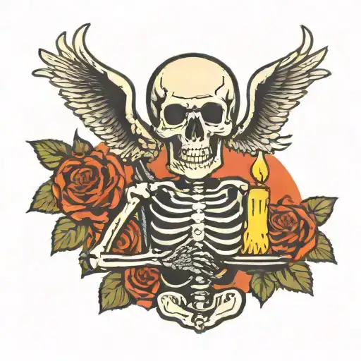 American Traditional Style Skeleton Holding A Candle Burning