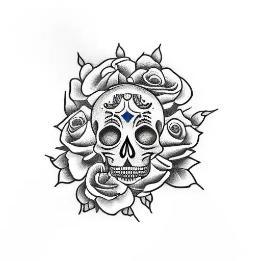 Mexican Skull With Roses And Marigolds