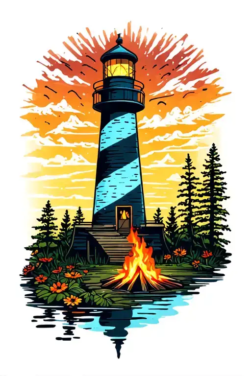 Camping Fire Light House Lake Surrounded Flowers Growing