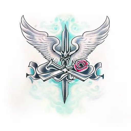 Valkryie Wings With Dagger And Rose Through Middle
