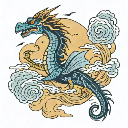 Sea Dragon In A Storm Clouds With Lightning