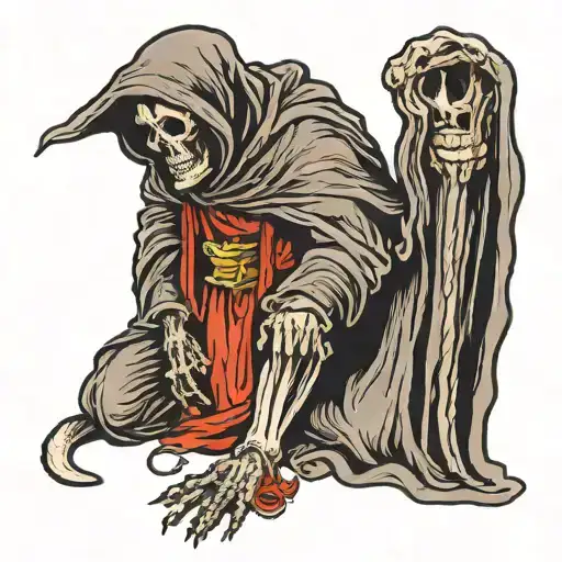 Grim Reaper Kneeling And Patting A Dog