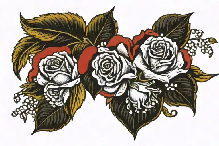 Red Yellow Roses Intertwined With Hawthorn And Lily Of The Valley