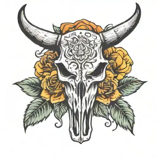 Bull Skull With Roses And Sunflowers
