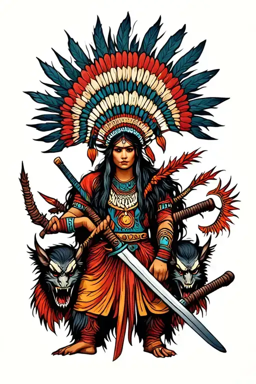 Shaman Maia With Katana Among Demons