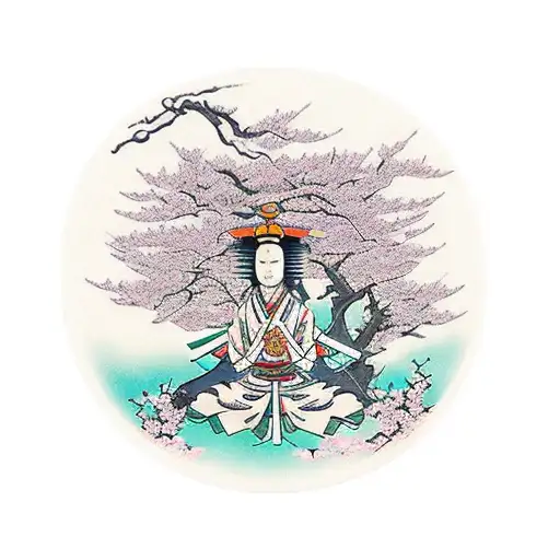 A Samurai Meditating Under A Blooming Sakura Tree