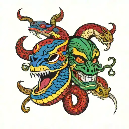 Snake And Sumarai Mask Split In Half