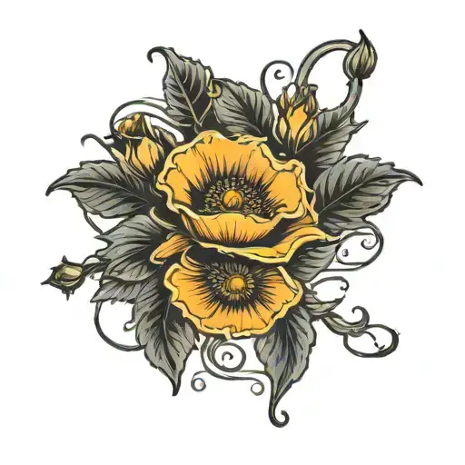 Poppy Flower Intertwined With Yellow Rose