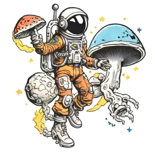 A Traditional Tattoo Of A Mushroom Astronaut Exploring A Colorful Alien Planet
