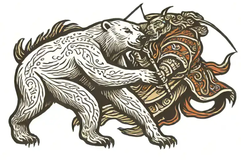 Polar Bear Fighting Human With Spear Piercing