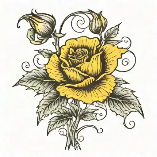 Single Poppy Flower Stems Intertwined With Single Yellow Rose
