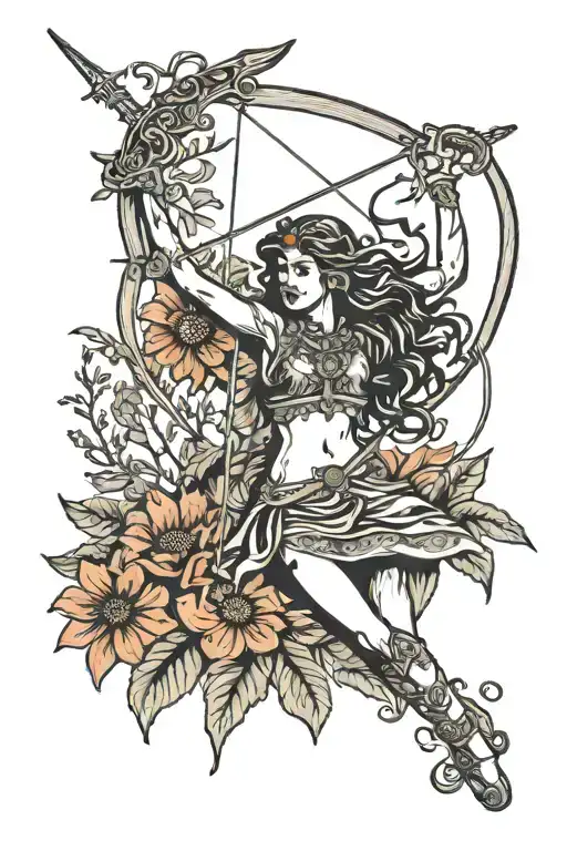 Sagittarius Goddess Aiming Bow Surrounded By Indian Blanket Flowers