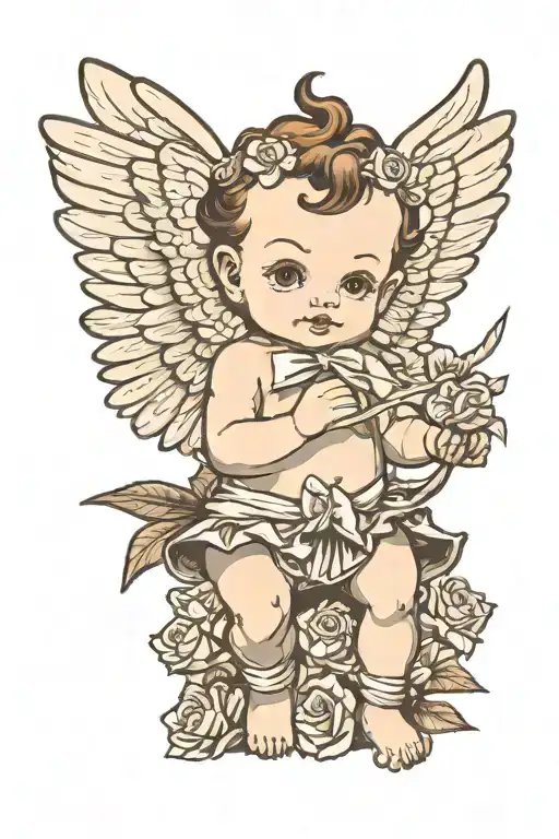 Kewpie Baby Cupid With White Wings And Brown Hair Holding Bow