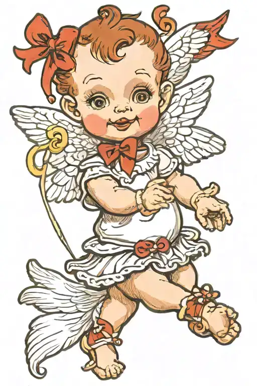 Kewpie Baby Cupid With White Wings And Brown Hair Holding A Bow