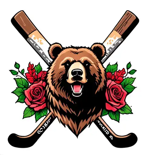 California Bear With Hockey Sticks As X Behind It And Two Roses