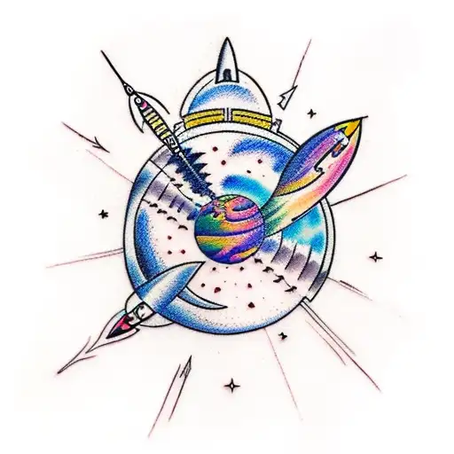 A Sketch-style Tattoo Of A Rocket Ship Launching Into Space With A Trail Of Colorful Planets