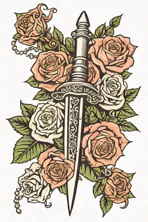 A Dagger Going Through A Rose With The Rosary Wrapped