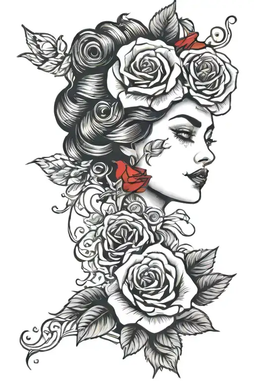 Realistic Woman Face With Red Rose At Neck Location