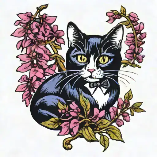 Wisteria Flower With A Tuxedo Cat