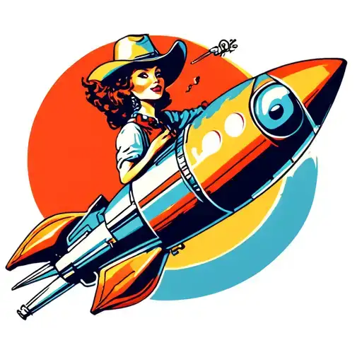 Retro Futurism Pinup Cowgirl On A Rocket Flying Towards The Sun