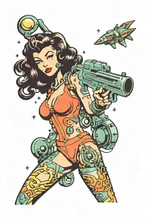 Retro Futuristic Space Woman With Ray Gun And Alien
