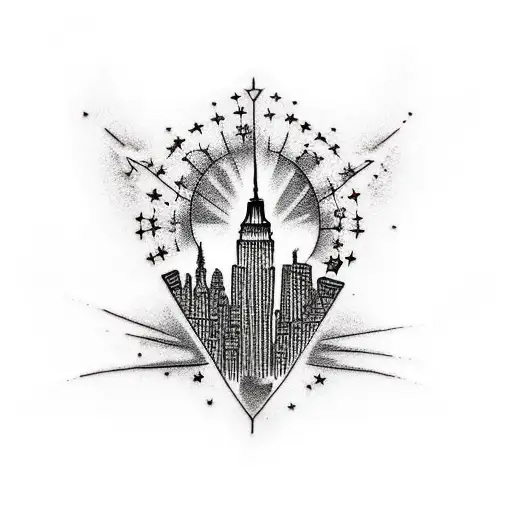 A Traditional Style Tattoo Of The New York Skyline With A Shooting Star Above It