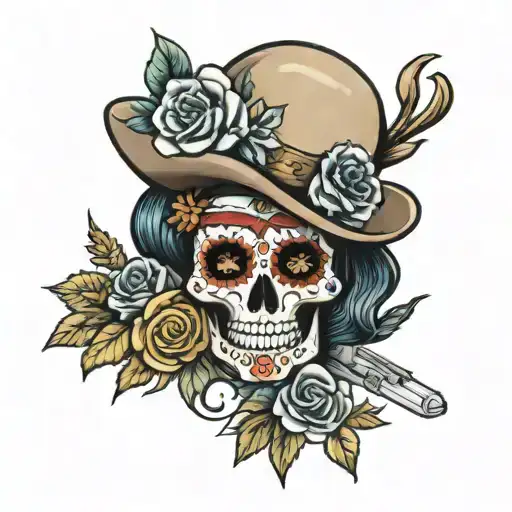 Female Sugar Skull With Flowers And A Sheriff Badge