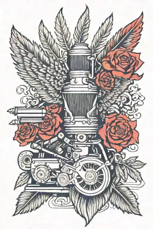 An Intricate Design Of A Harley Davidson Engine Surrounded By Red Roses And Bold Eagle Feathers
