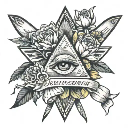 Illuminati Symbol With Banner Ribbon Across And Peonies And Daffodils Surrounding It All