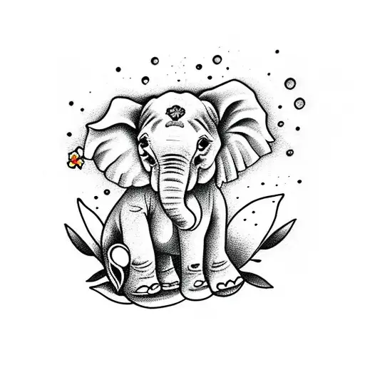 Baby Elephant And A Peach Water Lilies And Larkspurs