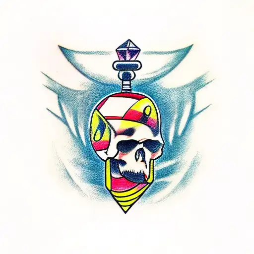 A Traditional Tattoo Of A Canary Perched On A Skull With A Gaming Dice In Its Beak