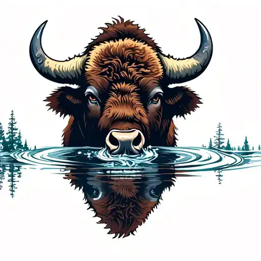Bison Head Drinking Water With Inverted Reflection