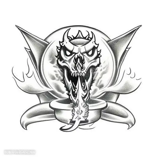 Dragon Twisted Around A Sword That's In A Skull With A Flame Background