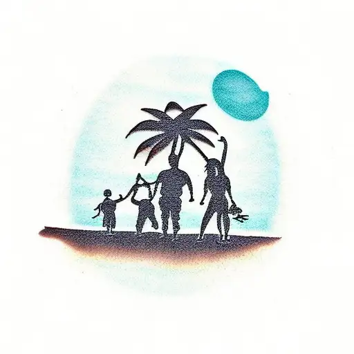 Family Silhouette With Palm Trees And Beach