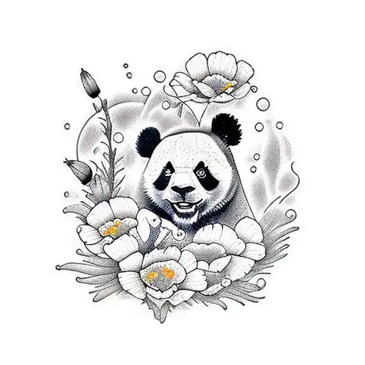 A Dotwork Tattoo Showcasing A Panda Surrounded By California Poppies And Waves