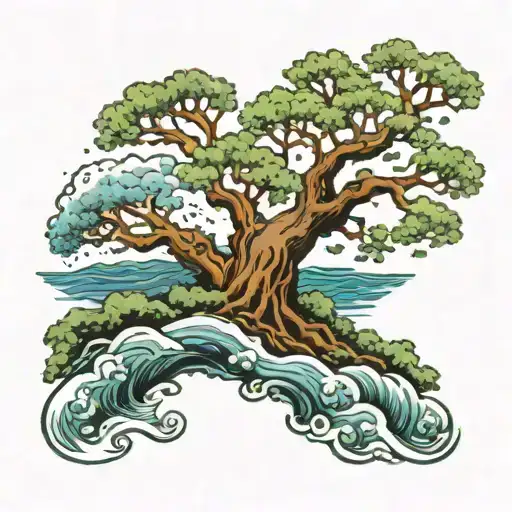 Deep Rooted Oak Tree Standing Tall Amidst Crashing Waves