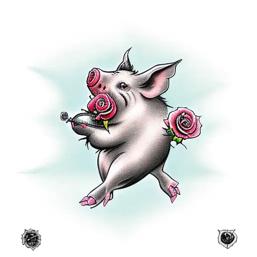 Flying Pig With A Single Rose With Stem Being Held In Its Mouth Hanging Out The Sides