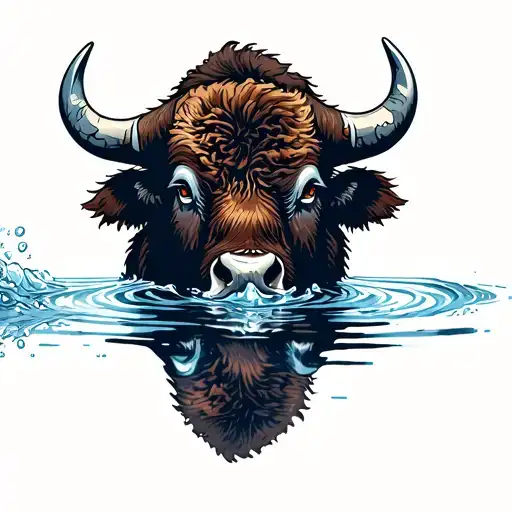 Bison Head Drinking Water With Mirrored Reflection