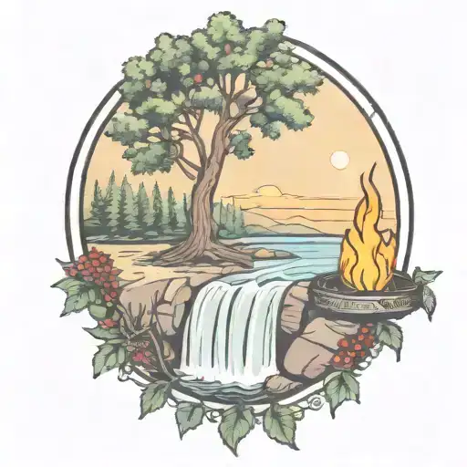 A Rowan Tree With Berries And A Campfire Beside A River Waterfalling Down The Front