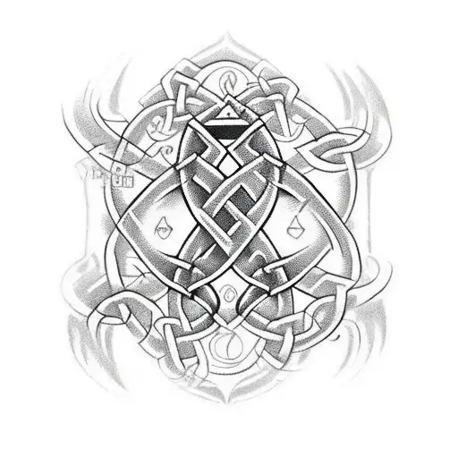 Celtic Design On Shoulder Transitioning Through Water To A Rocky Escarpment Encased In A Serpent