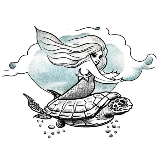 Mermaid Riding On Top Of A Sea Turtle