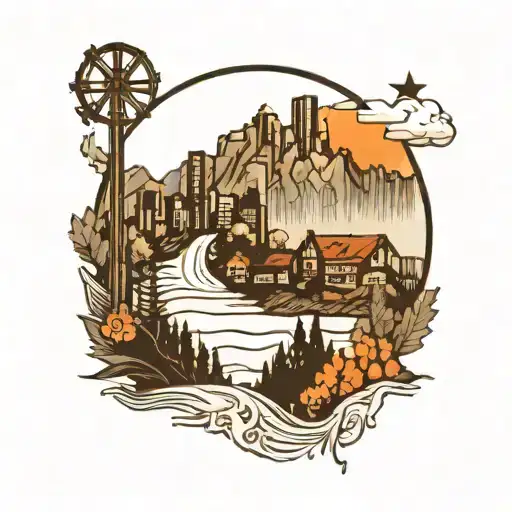 A Polaroid Picture Of A City Skyline In A Mountain Range And 5 Stick People Looking At The View