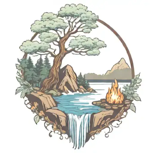 A River With A Campfire And Rowan Tree Beside It Waterfalls Down The Front