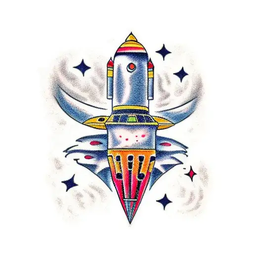 A Traditional Tattoo Of A Spaceship Blasting Off Into The Galaxy